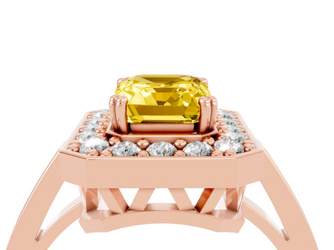 Rose gold {shape_name} Yellow Sapphire Halo Ring with Split Shank and Four-Prong Setting_4