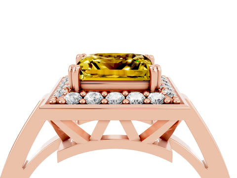 Rose gold {shape_name} Yellow Sapphire Halo Ring with Split Shank and Four-Prong Setting_4