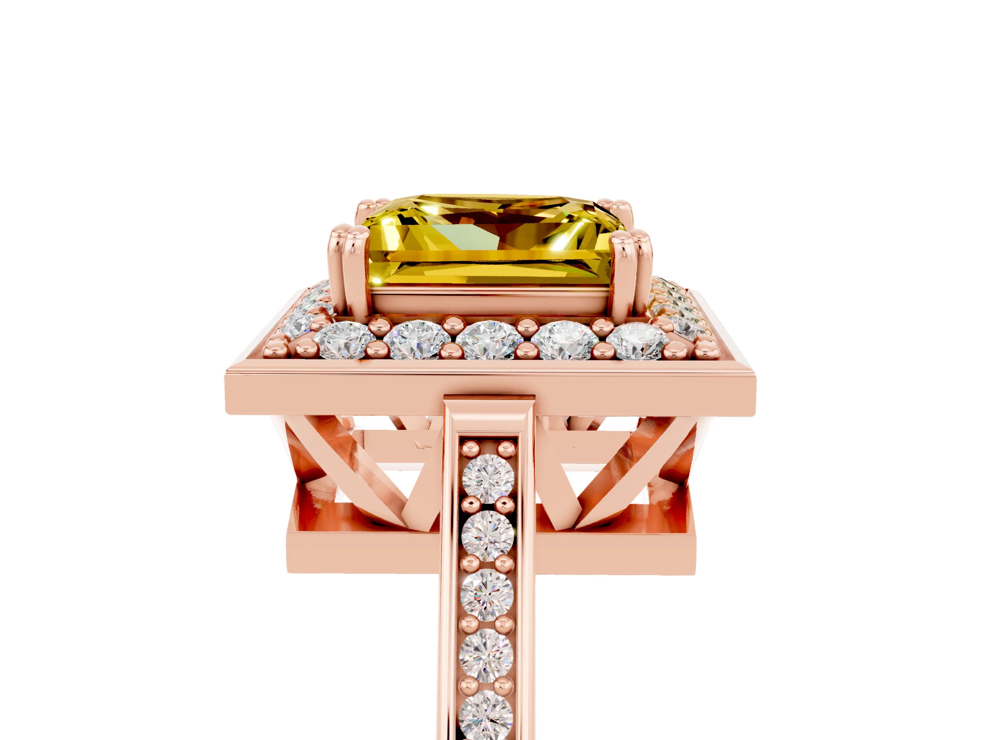 Rose gold {shape_name} Yellow Sapphire Halo Ring with Split Shank and Four-Prong Setting_5