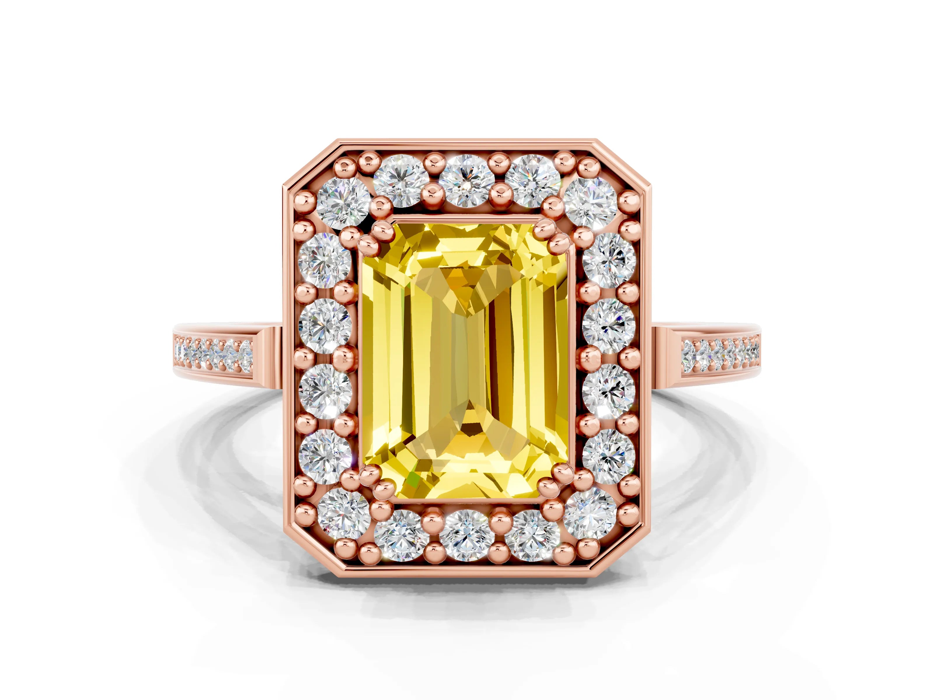 Rose gold {shape_name} Yellow Sapphire Halo Ring with Split Shank and Four-Prong Setting