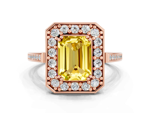 Rose gold Emerald Cut Yellow Sapphire Halo Ring with Split Shank and Four-Prong Setting