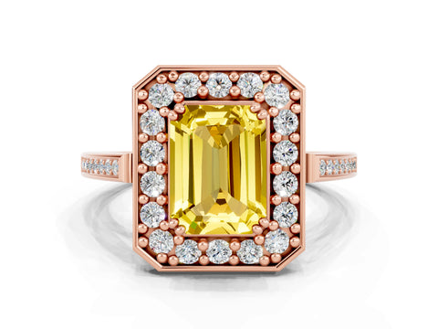 Rose gold {shape_name} Yellow Sapphire Halo Ring with Split Shank and Four-Prong Setting