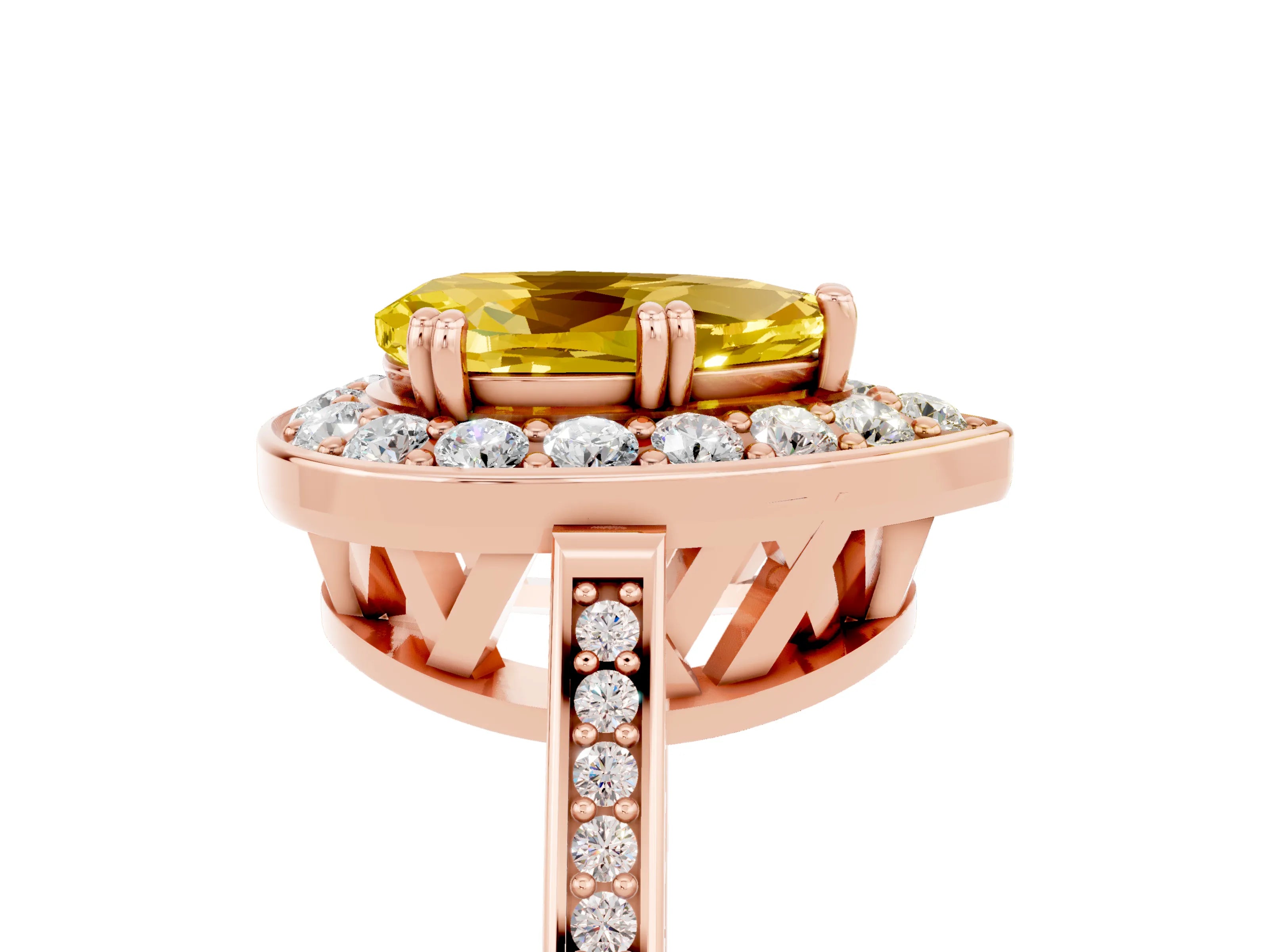 Rose gold {shape_name} Yellow Sapphire Halo Ring with Split Shank and Four-Prong Setting_5