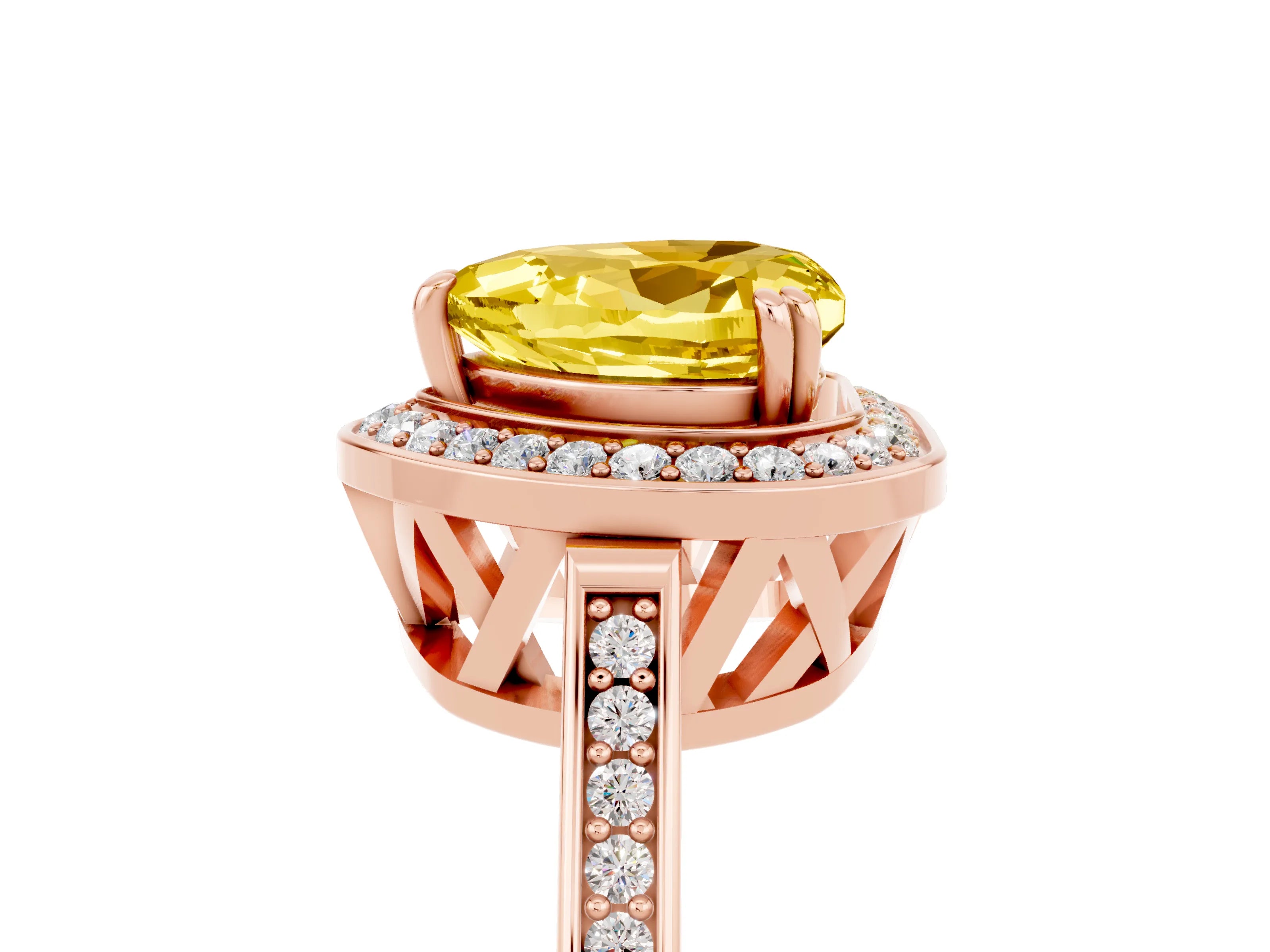 Rose gold {shape_name} Yellow Sapphire Halo Ring with Split Shank and Four-Prong Setting_5