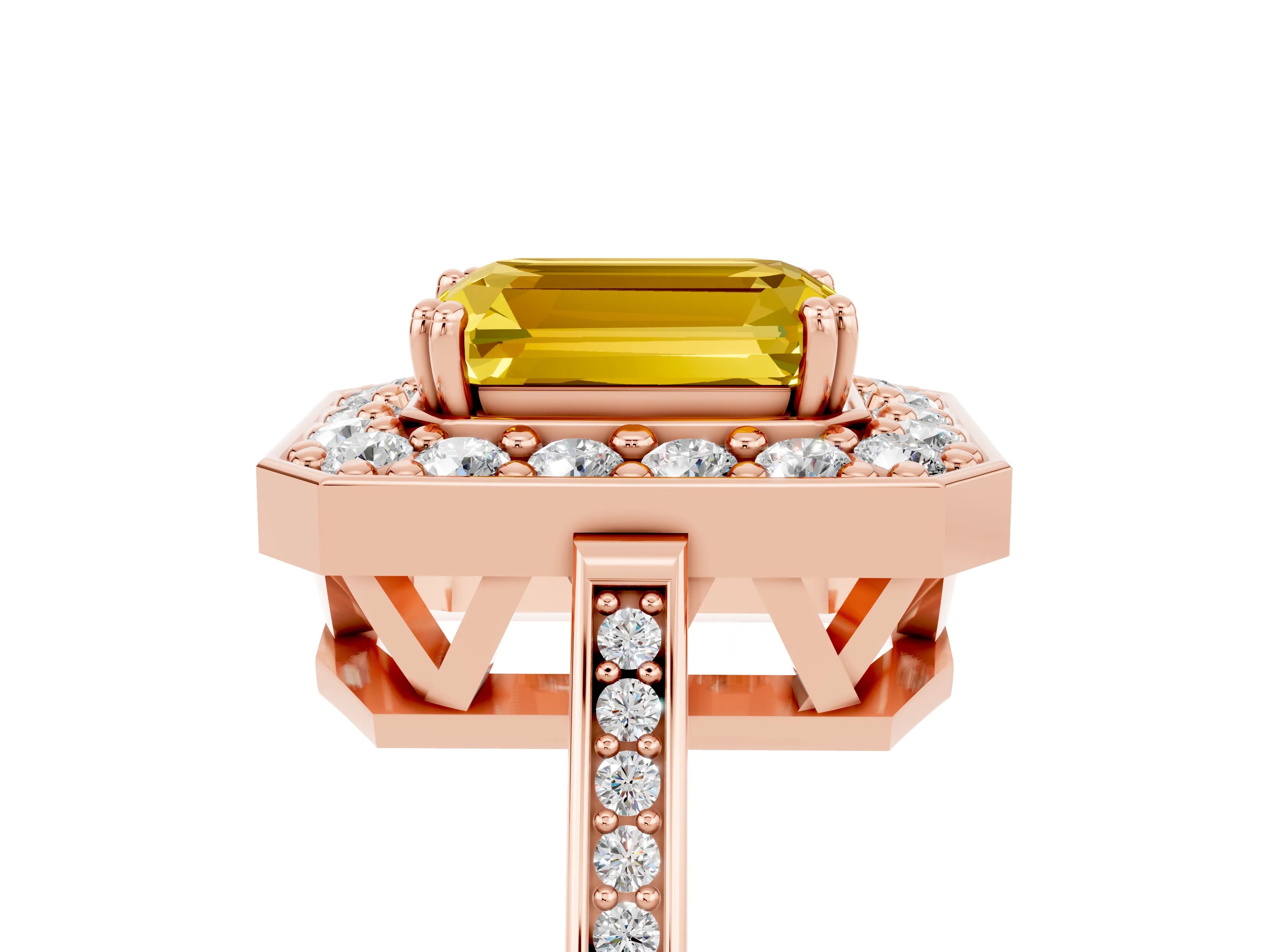 Rose gold {shape_name} Yellow Sapphire Halo Ring with Split Shank and Four-Prong Setting_5