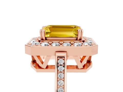 Rose gold {shape_name} Yellow Sapphire Halo Ring with Split Shank and Four-Prong Setting_5