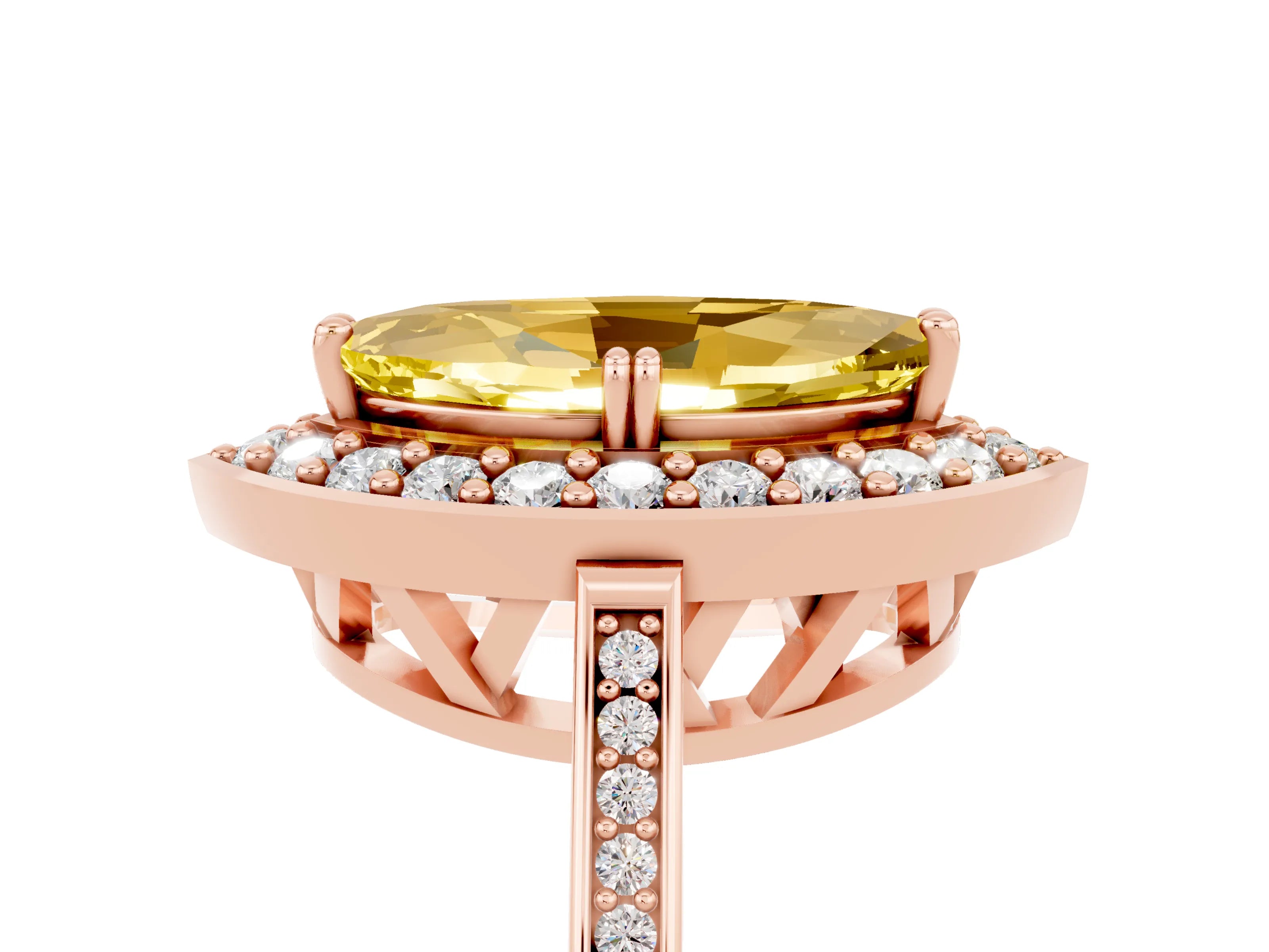 Rose gold {shape_name} Yellow Sapphire Halo Ring with Split Shank and Four-Prong Setting_5