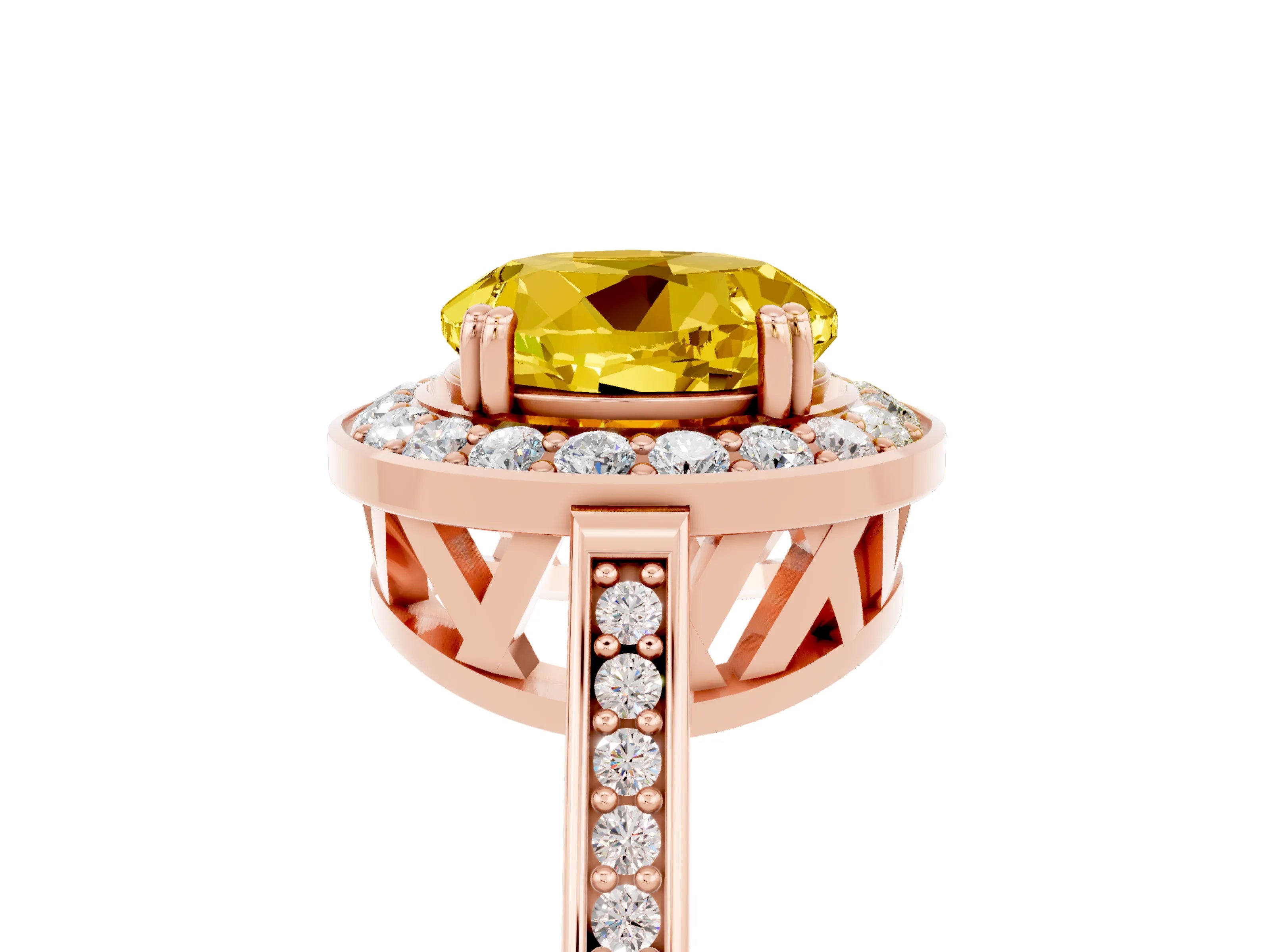 Rose gold {shape_name} Yellow Sapphire Halo Ring with Split Shank and Four-Prong Setting_5