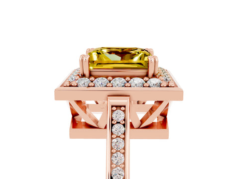 Rose gold {shape_name} Yellow Sapphire Halo Ring with Split Shank and Four-Prong Setting_5