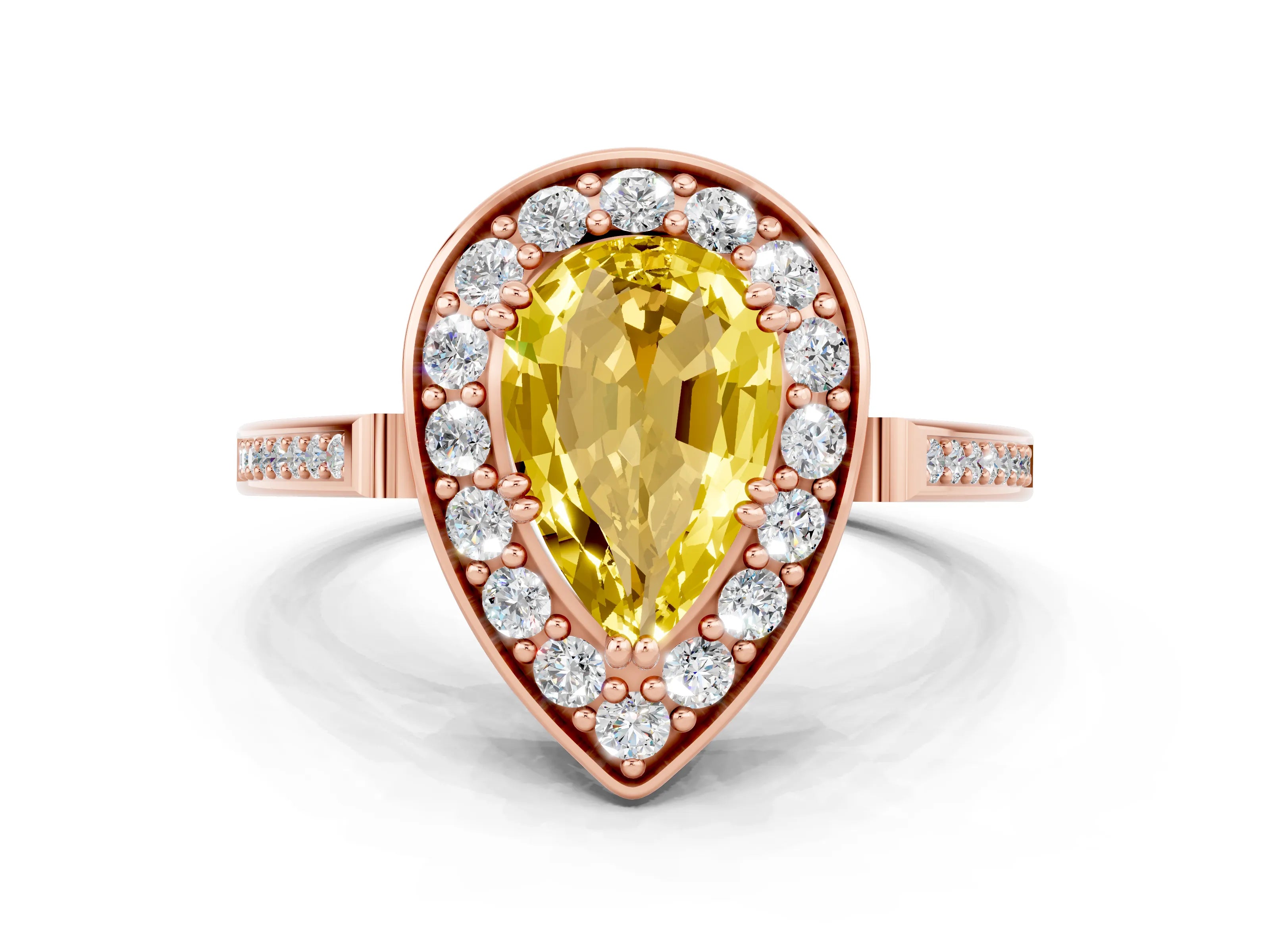 Rose gold {shape_name} Yellow Sapphire Halo Ring with Split Shank and Four-Prong Setting