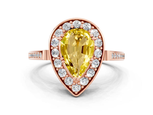 Rose gold Pear Cut Yellow Sapphire Halo Ring with Split Shank and Four-Prong Setting
