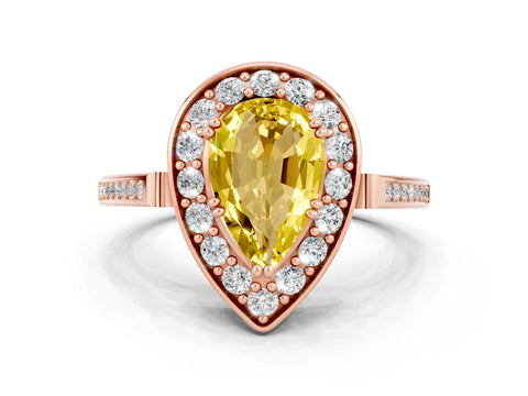 Rose gold {shape_name} Yellow Sapphire Halo Ring with Split Shank and Four-Prong Setting