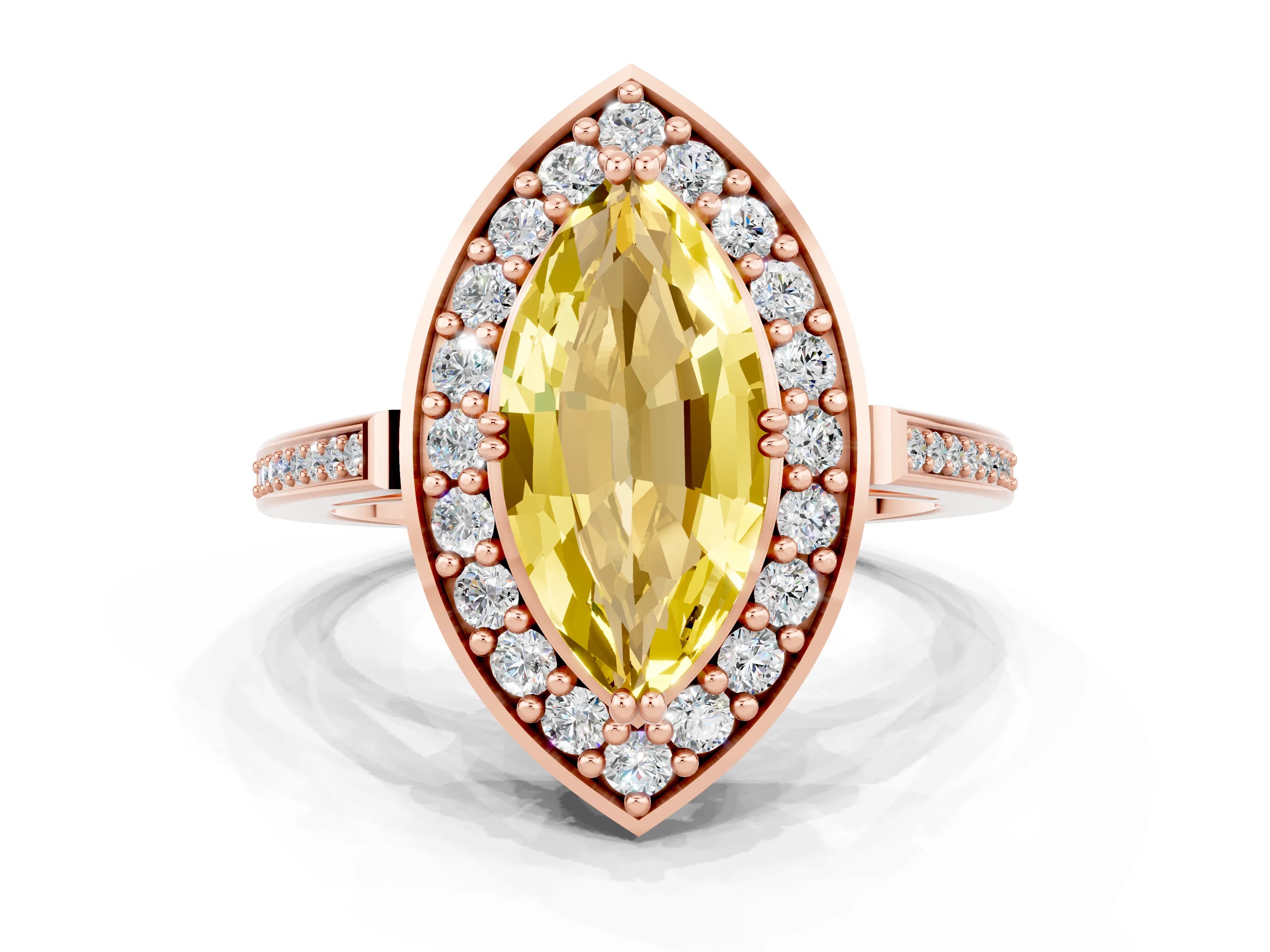 Rose gold {shape_name} Yellow Sapphire Halo Ring with Split Shank and Four-Prong Setting