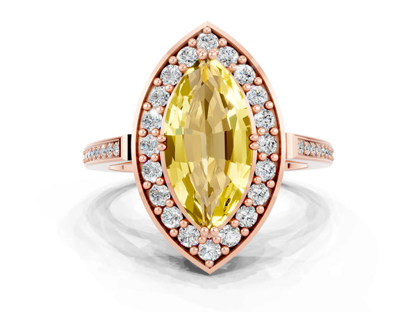 Rose gold Marquise Cut Yellow Sapphire Halo Ring with Split Shank and Four-Prong Setting