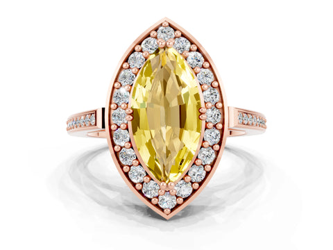 Rose gold {shape_name} Yellow Sapphire Halo Ring with Split Shank and Four-Prong Setting