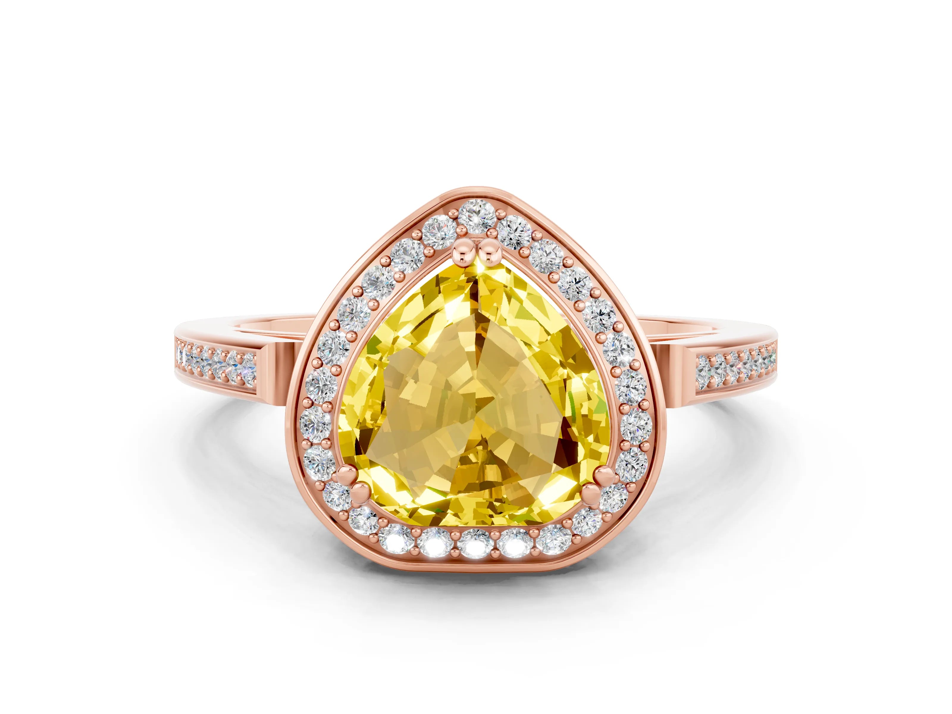 Rose gold {shape_name} Yellow Sapphire Halo Ring with Split Shank and Four-Prong Setting