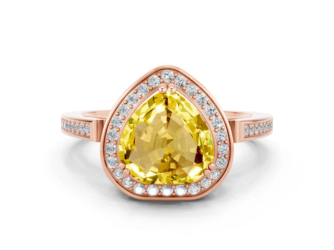 Rose gold {shape_name} Yellow Sapphire Halo Ring with Split Shank and Four-Prong Setting
