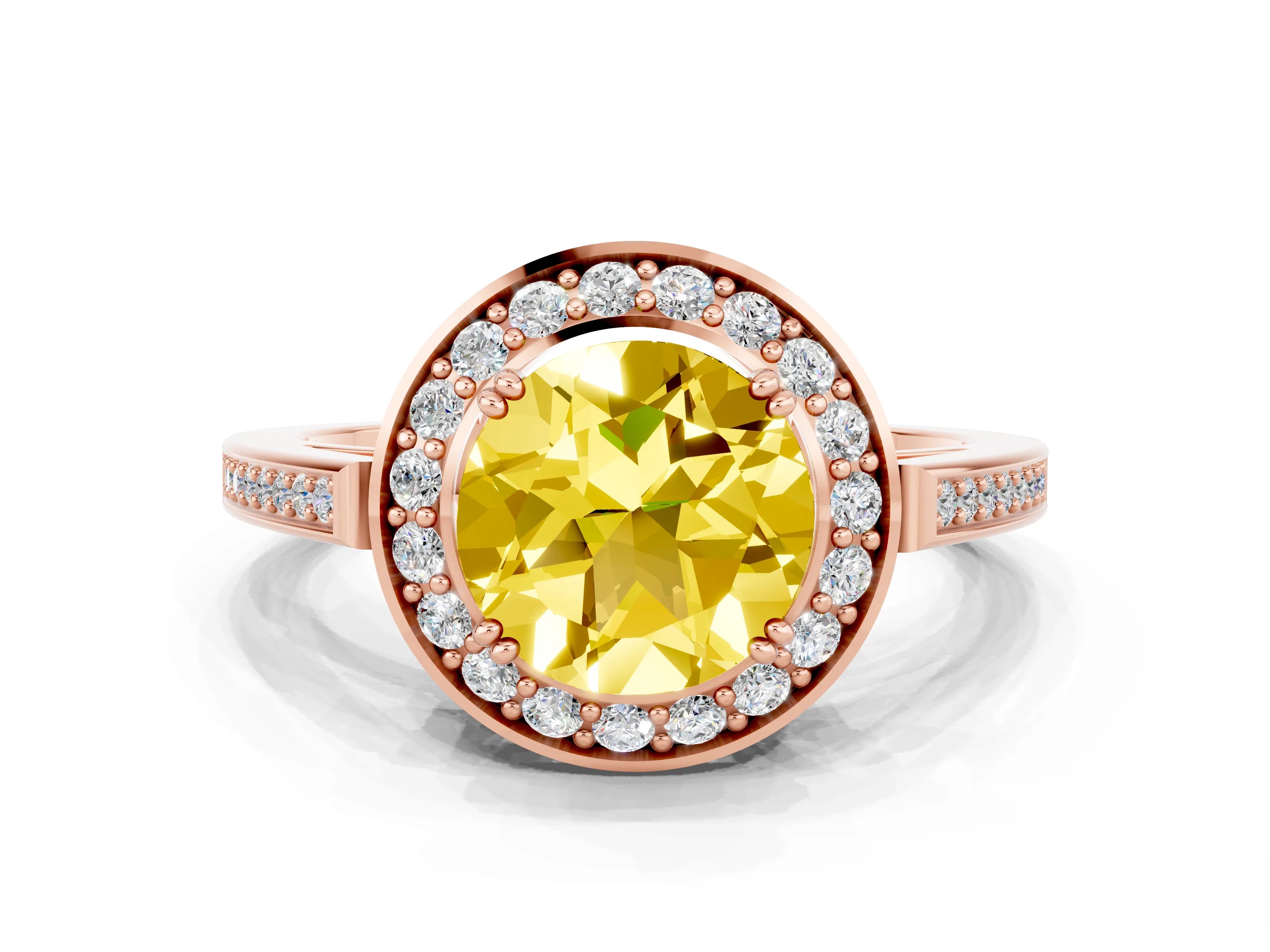 Rose gold {shape_name} Yellow Sapphire Halo Ring with Split Shank and Four-Prong Setting