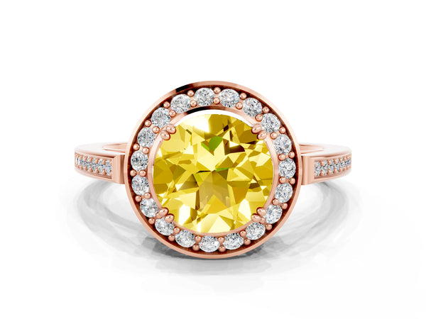 Rose gold Round Cut Yellow Sapphire Halo Ring with Split Shank and Four-Prong Setting