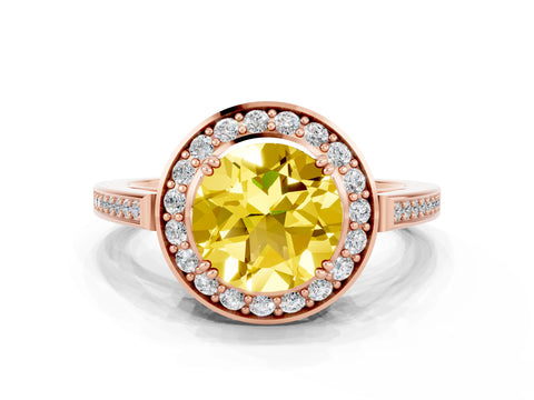 Rose gold {shape_name} Yellow Sapphire Halo Ring with Split Shank and Four-Prong Setting