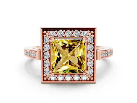 Rose gold {shape_name} Yellow Sapphire Halo Ring with Split Shank and Four-Prong Setting