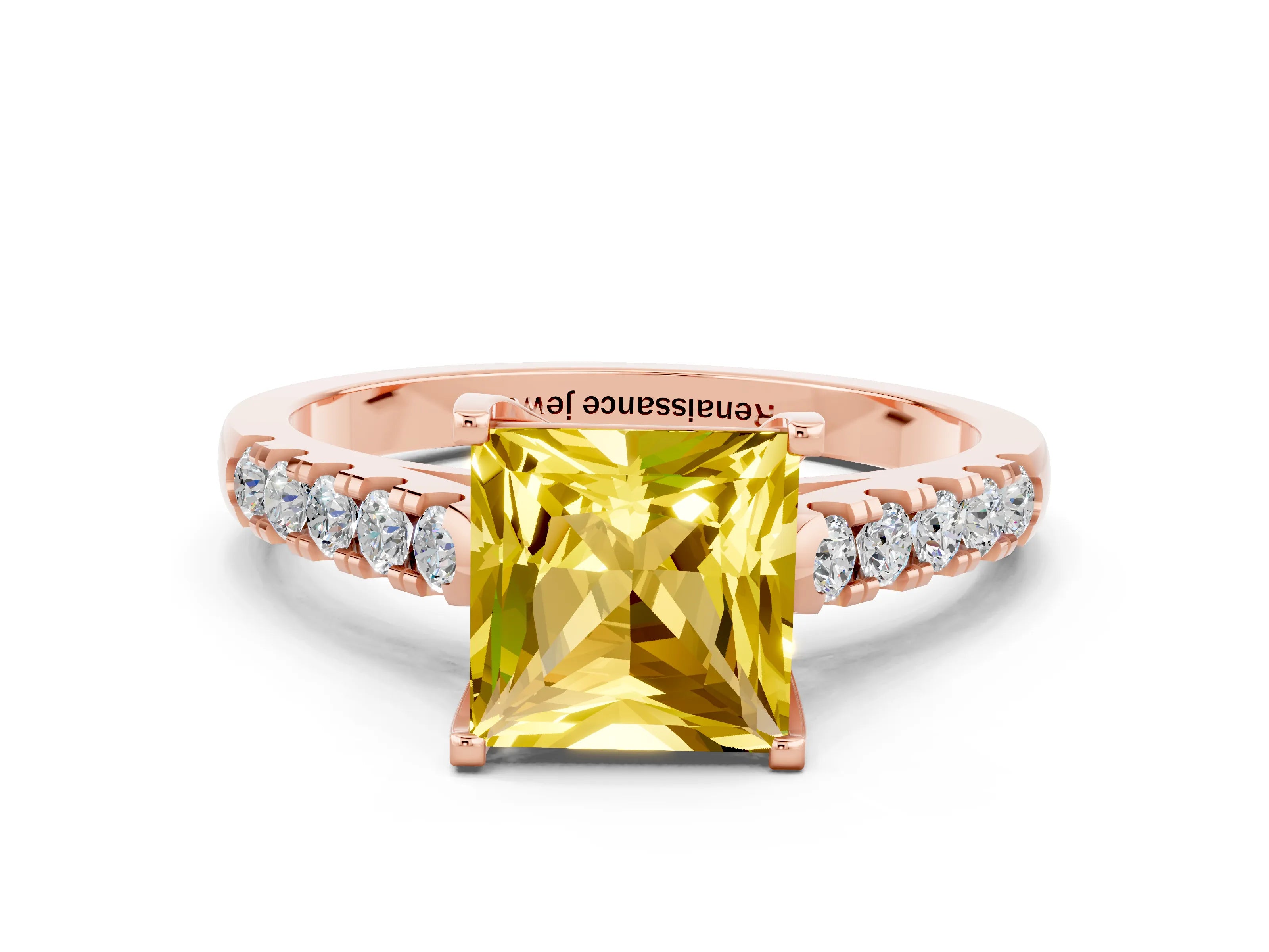 Rose gold {shape_name} Yellow Sapphire Solitaire Ring with Pavé Band and Four-Prong Setting