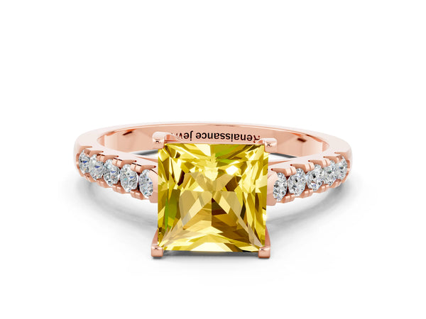 Rose gold Princess Cut Yellow Sapphire Pavé Band Solitaire Ring with Prong Setting