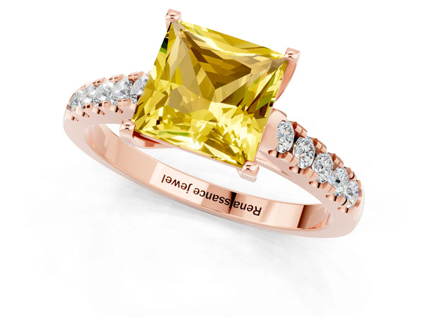 Rose gold Princess Cut Yellow Sapphire Pavé Band Solitaire Ring with Prong Setting