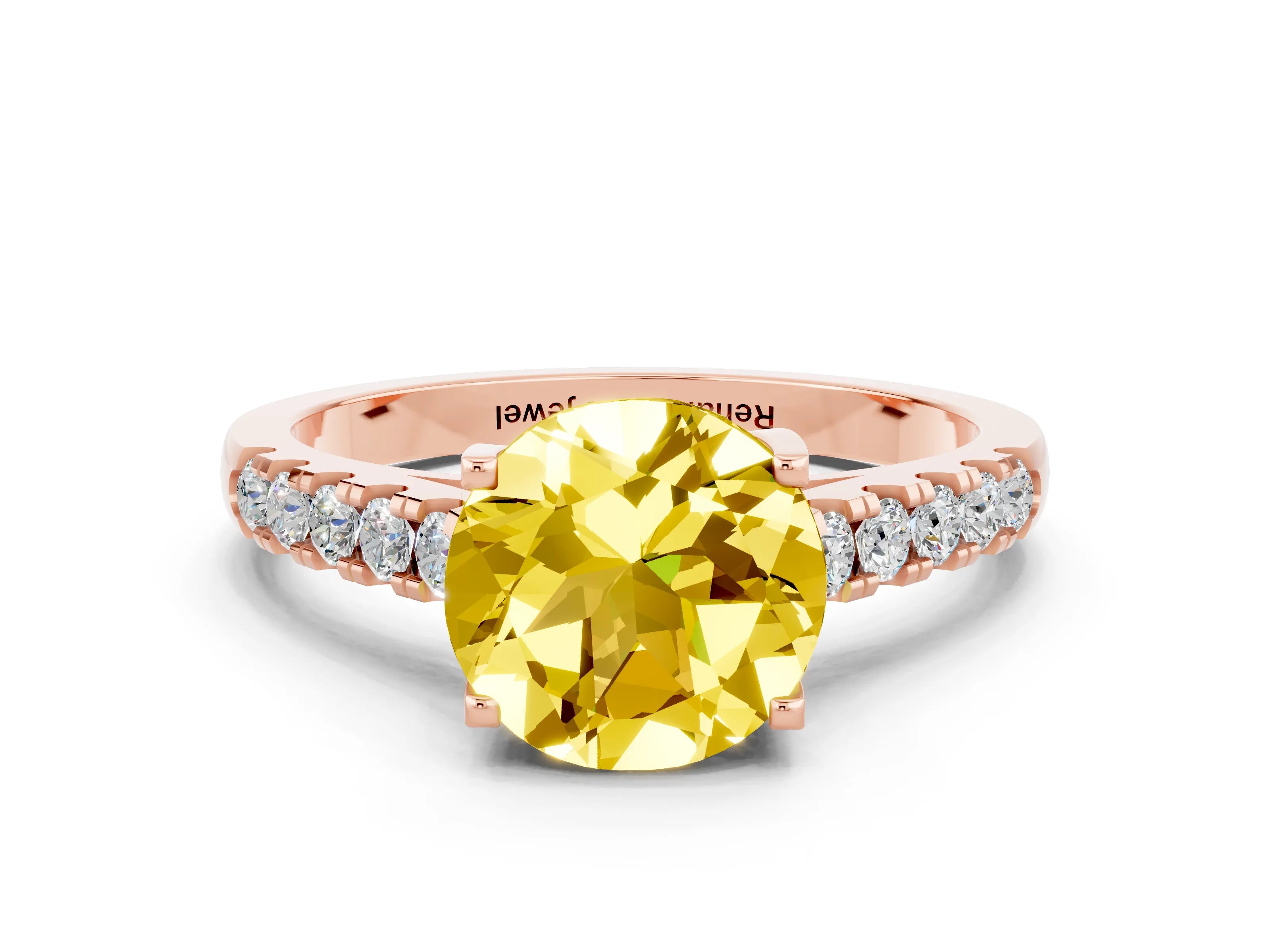 Rose gold {shape_name} Yellow Sapphire Solitaire Ring with Pavé Band and Four-Prong Setting