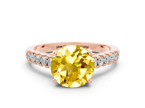 Rose gold {shape_name} Yellow Sapphire Solitaire Ring with Pavé Band and Four-Prong Setting