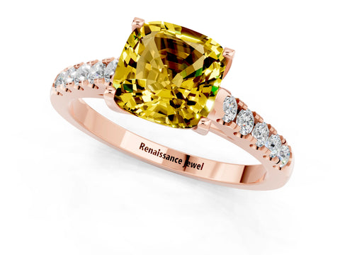 Rose gold {shape_name} Yellow Sapphire Solitaire Ring with Pavé Band and Four-Prong Setting_1