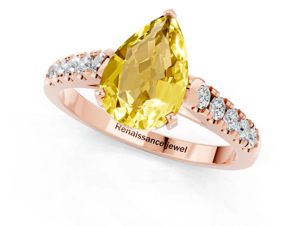 Rose gold Pear Cut Yellow Sapphire Pavé Band Solitaire Ring with Prong Setting