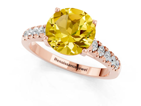 Rose gold {shape_name} Yellow Sapphire Solitaire Ring with Pavé Band and Four-Prong Setting_1
