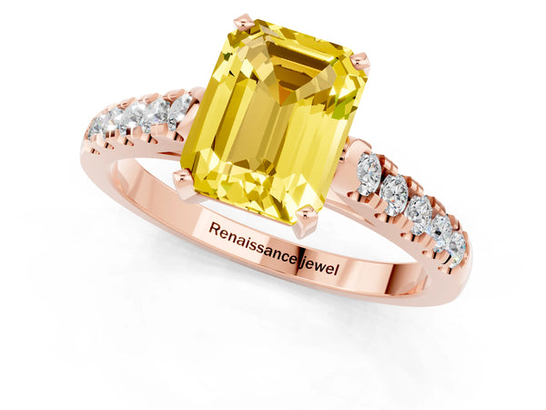 Rose gold Emerald Cut Yellow Sapphire Pavé Band Solitaire Ring with Prong Setting