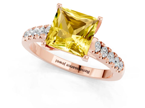 Rose gold {shape_name} Yellow Sapphire Solitaire Ring with Pavé Band and Four-Prong Setting_1