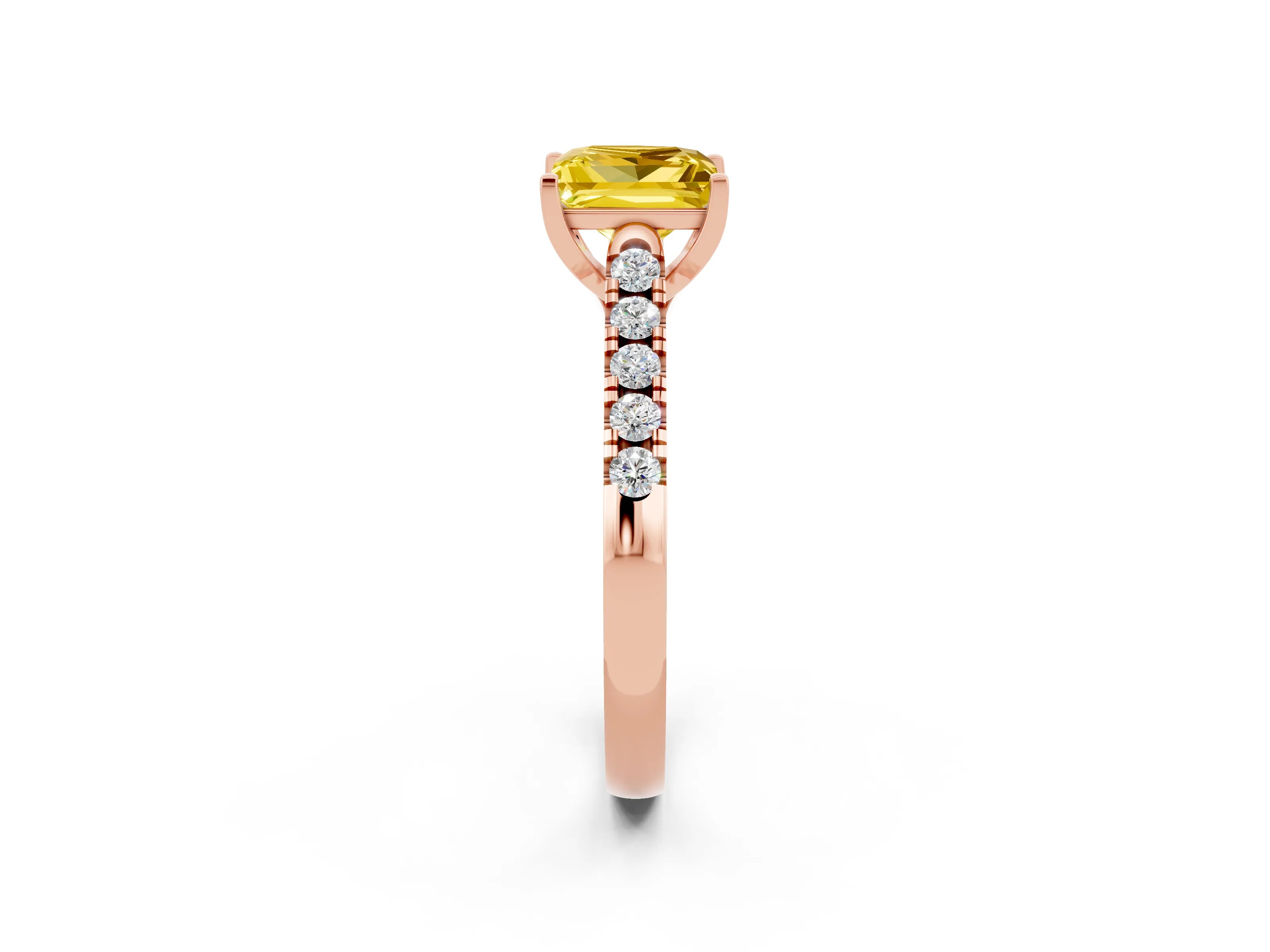Rose gold {shape_name} Yellow Sapphire Solitaire Ring with Pavé Band and Four-Prong Setting_2