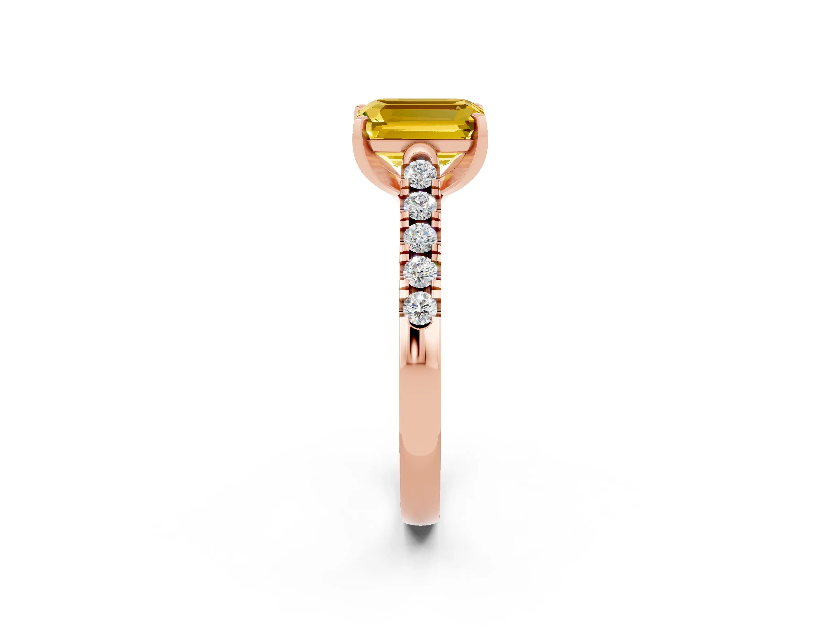 Rose gold {shape_name} Yellow Sapphire Solitaire Ring with Pavé Band and Four-Prong Setting_2