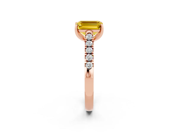 Rose gold Emerald Cut Yellow Sapphire Pavé Band Solitaire Ring with Prong Setting
