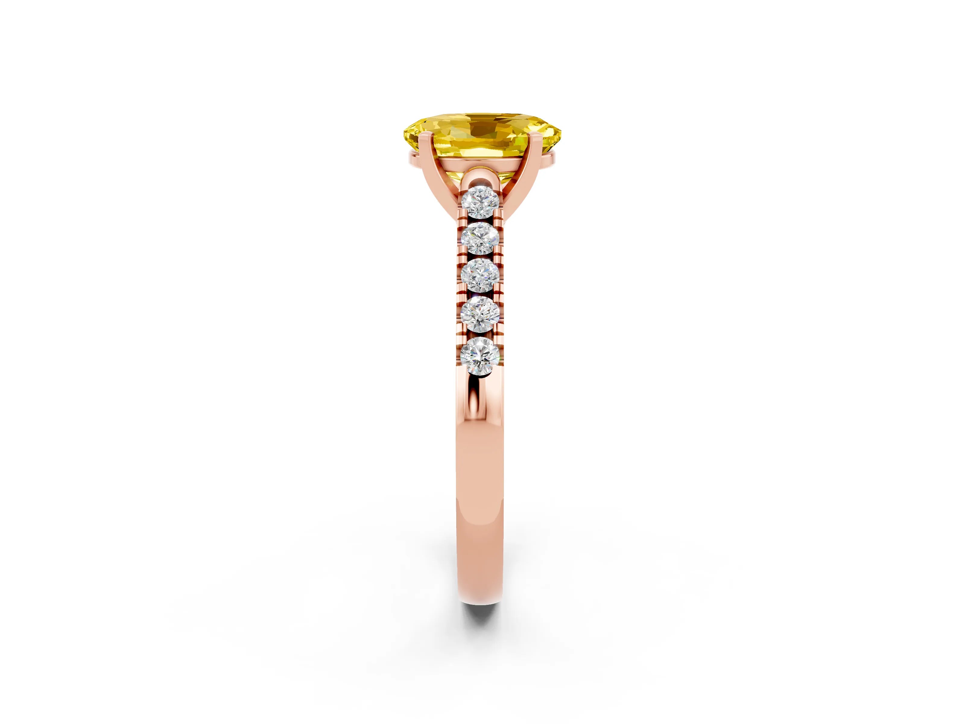 Rose gold {shape_name} Yellow Sapphire Solitaire Ring with Pavé Band and Four-Prong Setting_2