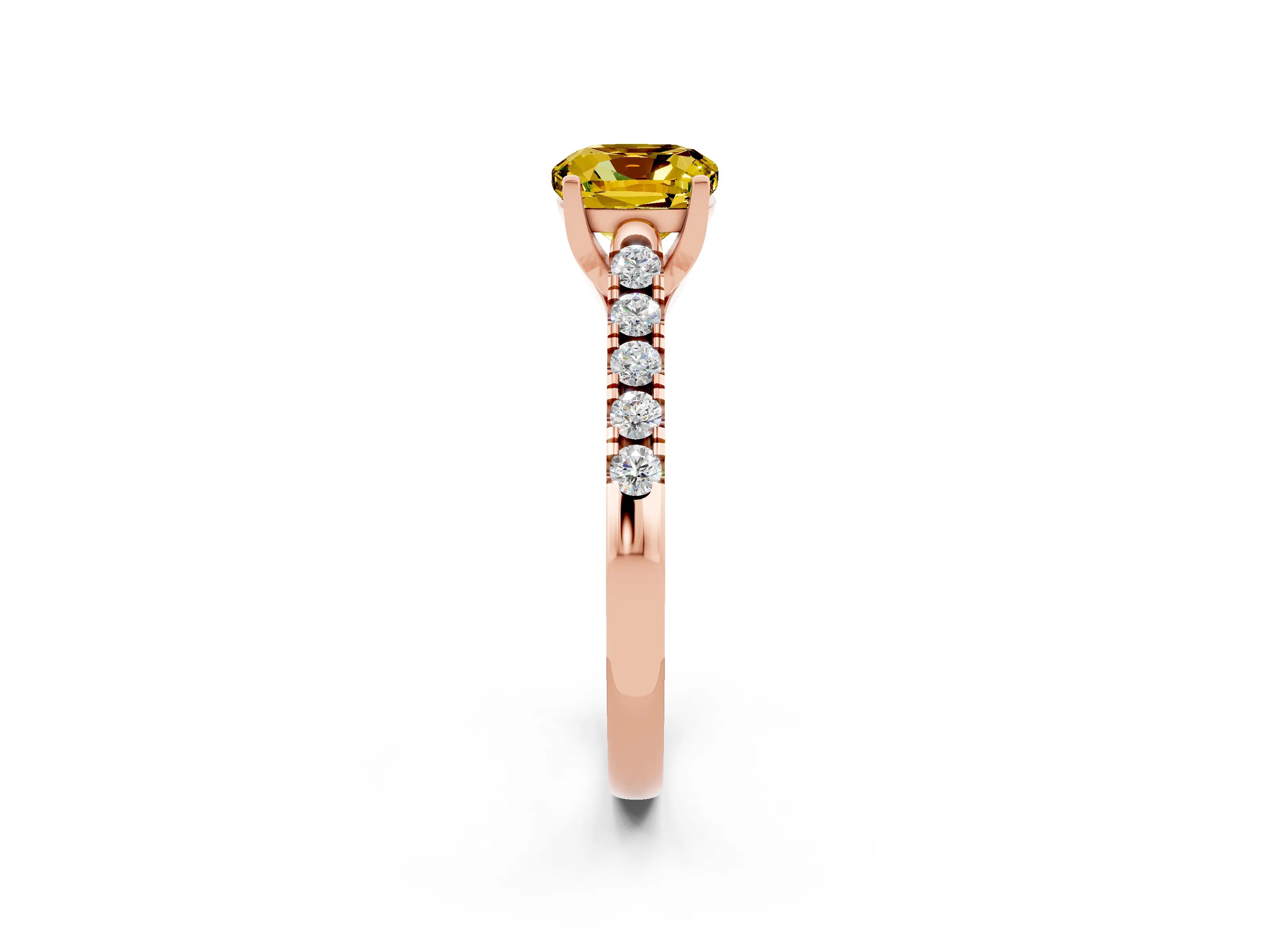 Rose gold {shape_name} Yellow Sapphire Solitaire Ring with Pavé Band and Four-Prong Setting_2