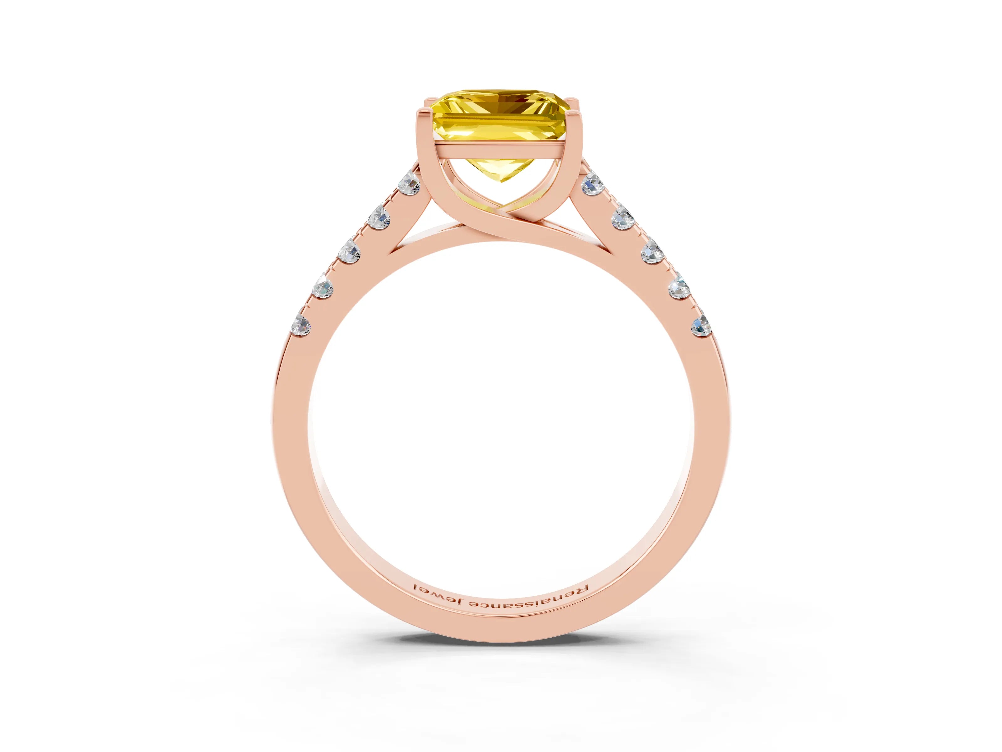 Rose gold {shape_name} Yellow Sapphire Solitaire Ring with Pavé Band and Four-Prong Setting_3