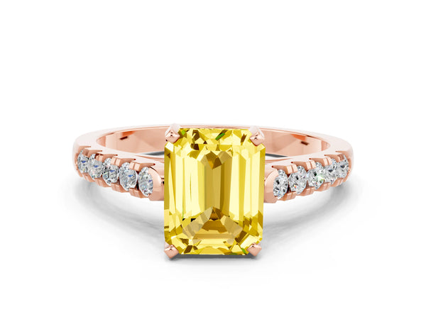 Rose gold Emerald Cut Yellow Sapphire Pavé Band Solitaire Ring with Prong Setting