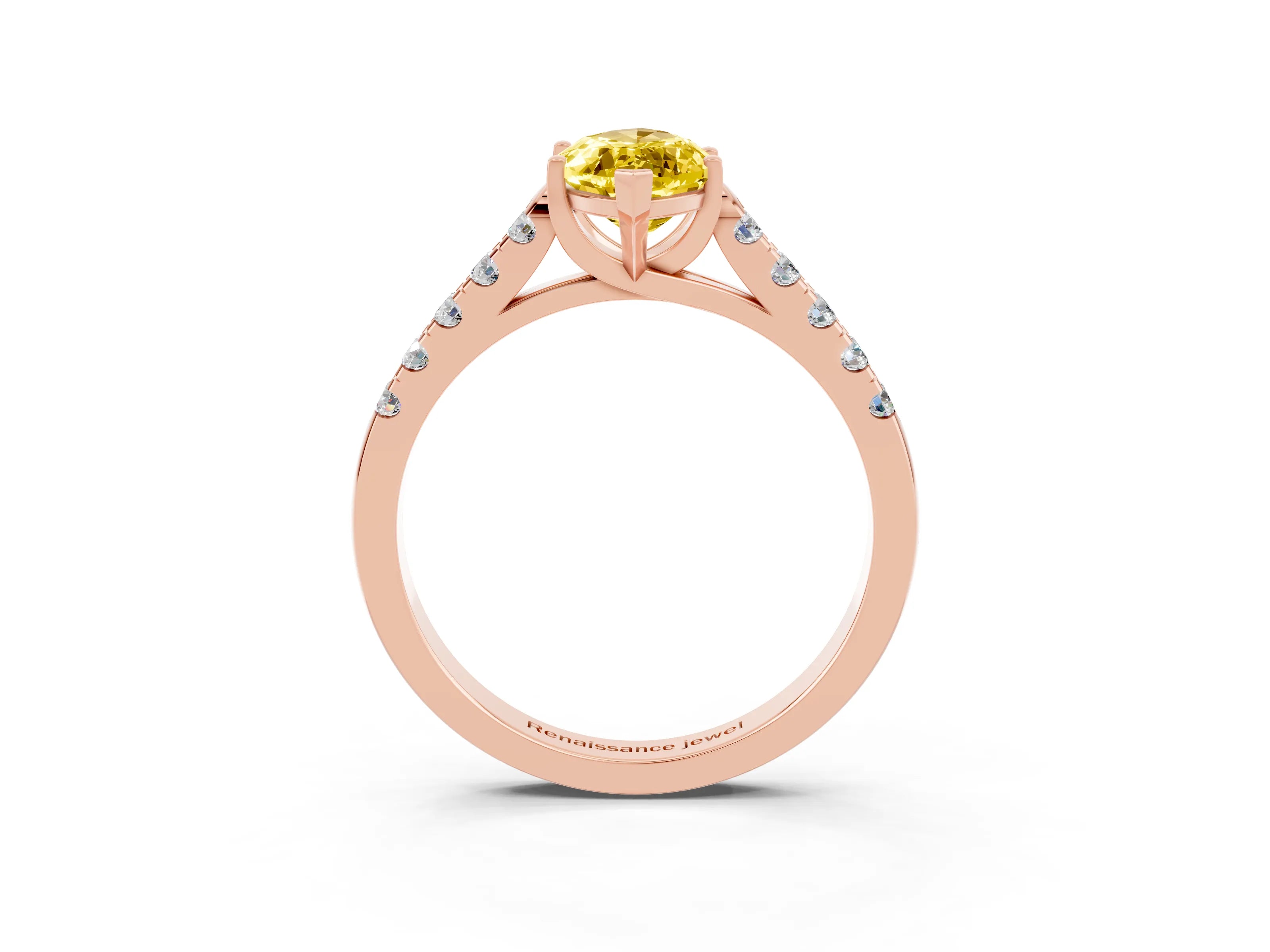 Rose gold {shape_name} Yellow Sapphire Solitaire Ring with Pavé Band and Four-Prong Setting_3