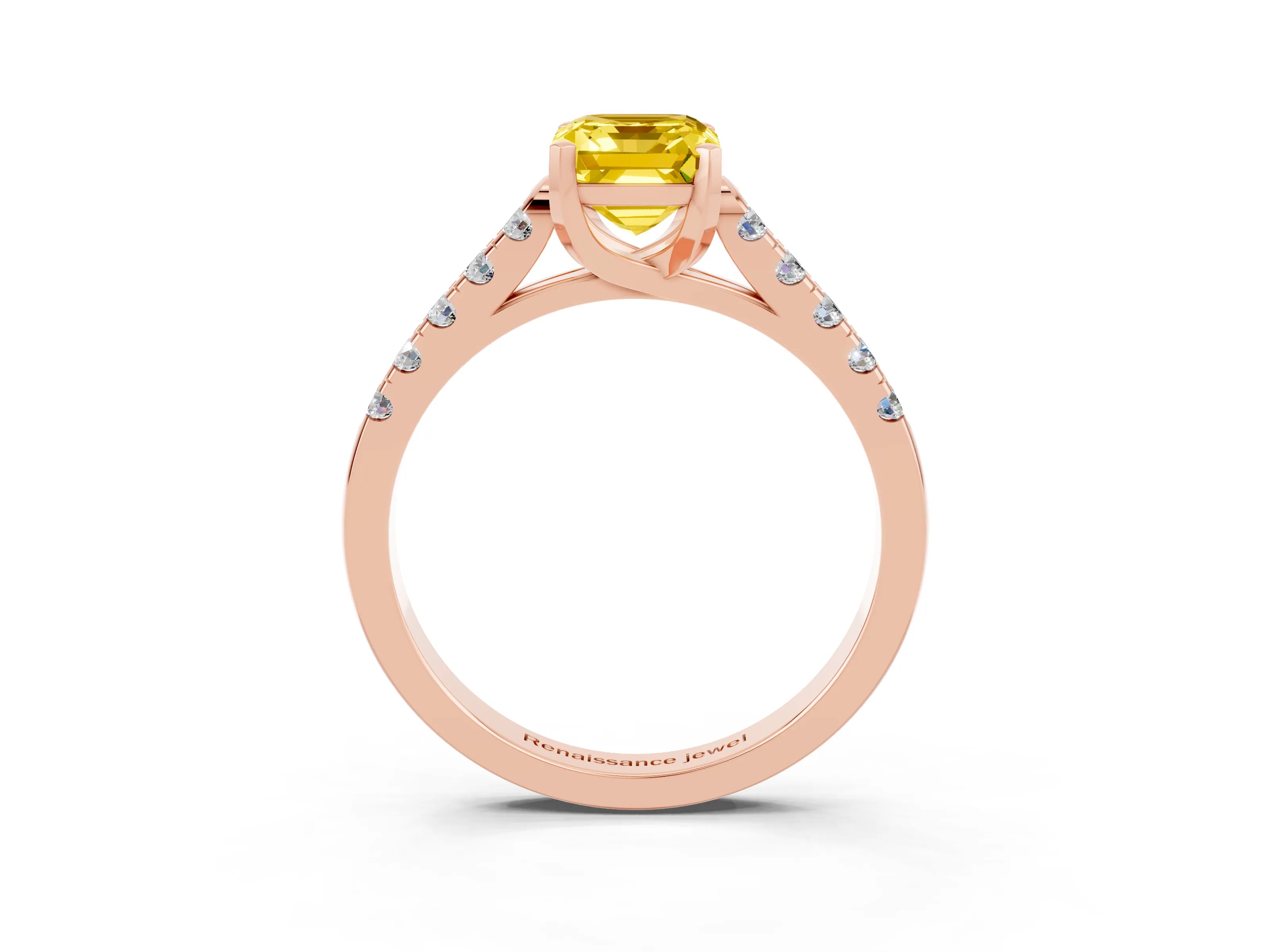 Rose gold {shape_name} Yellow Sapphire Solitaire Ring with Pavé Band and Four-Prong Setting_3