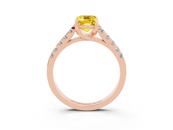 Rose gold Emerald Cut Yellow Sapphire Pavé Band Solitaire Ring with Prong Setting