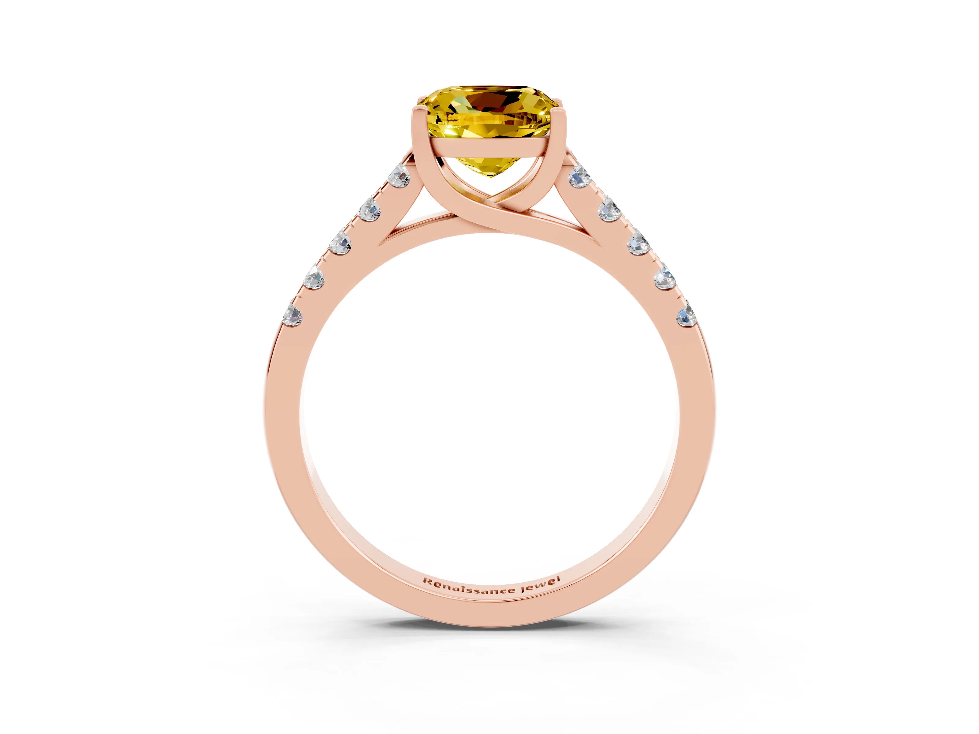 Rose gold {shape_name} Yellow Sapphire Solitaire Ring with Pavé Band and Four-Prong Setting_3
