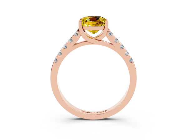 Rose gold Cushion Cut Yellow Sapphire Pavé Band Solitaire Ring with Prong Setting