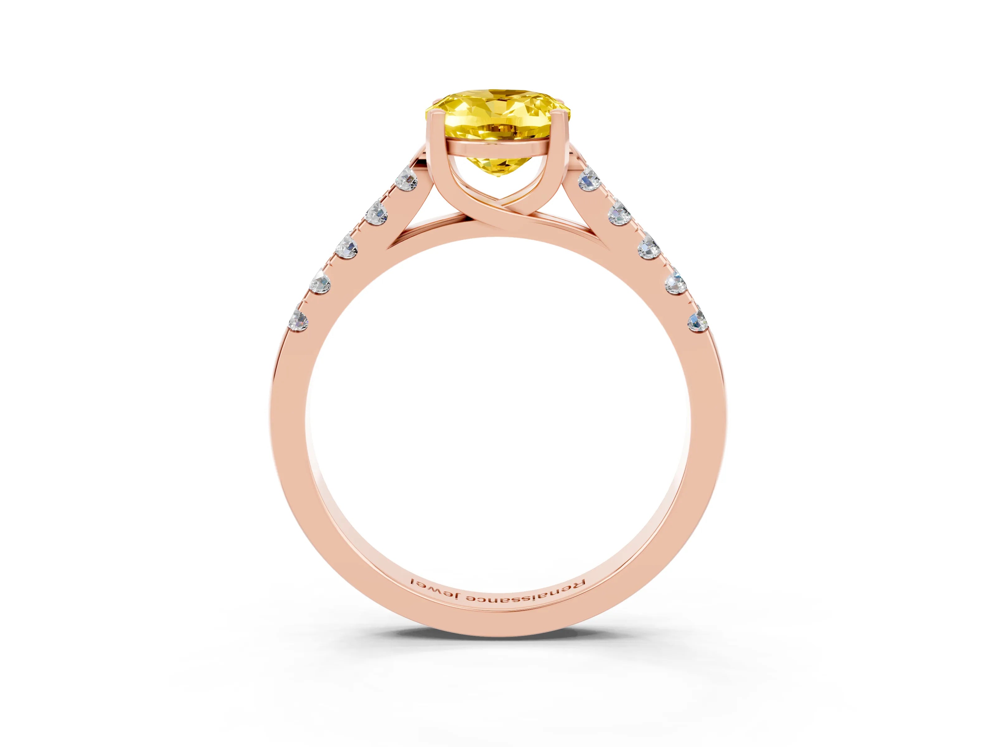 Rose gold {shape_name} Yellow Sapphire Solitaire Ring with Pavé Band and Four-Prong Setting_3