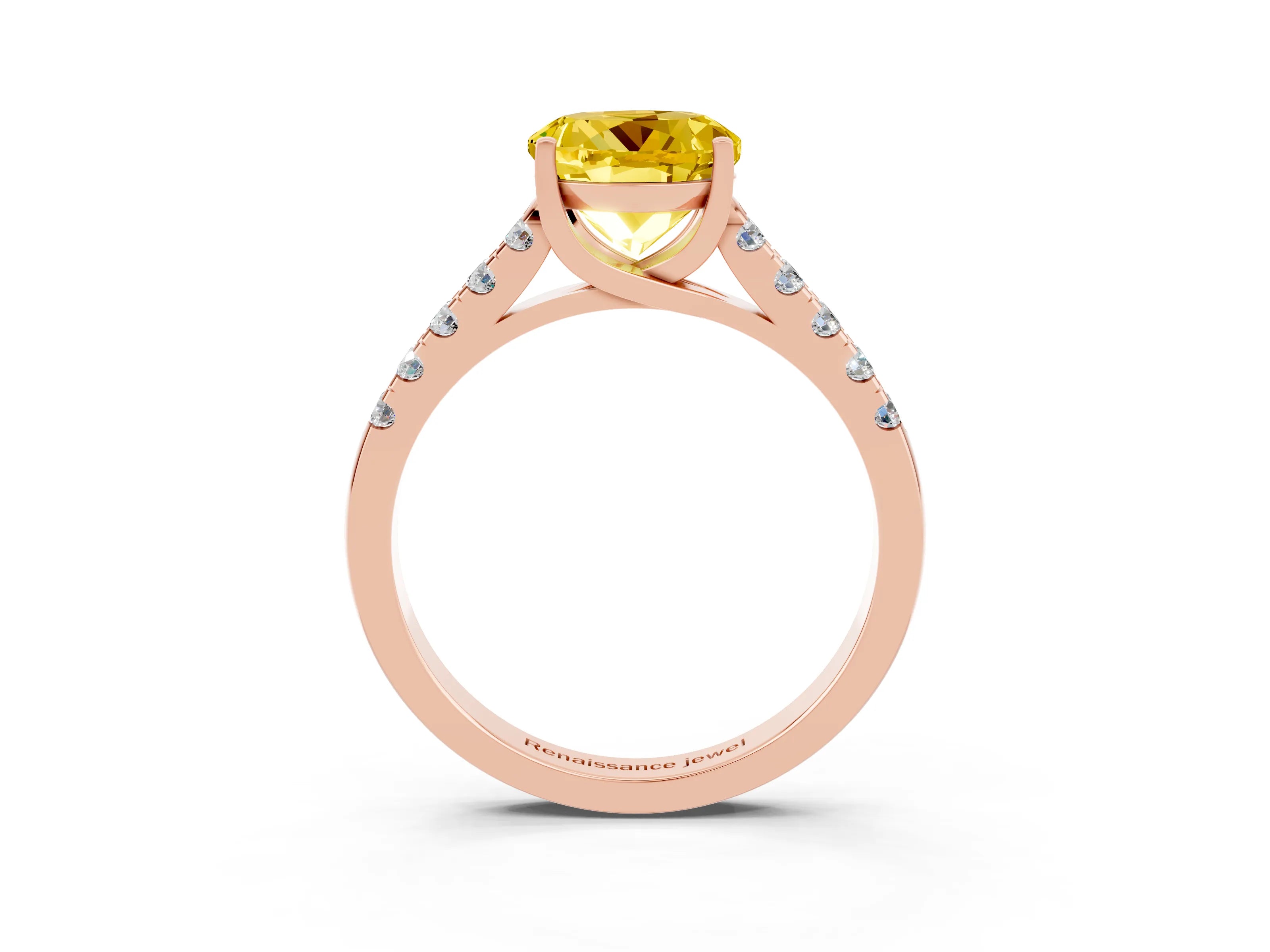 Rose gold {shape_name} Yellow Sapphire Solitaire Ring with Pavé Band and Four-Prong Setting_3