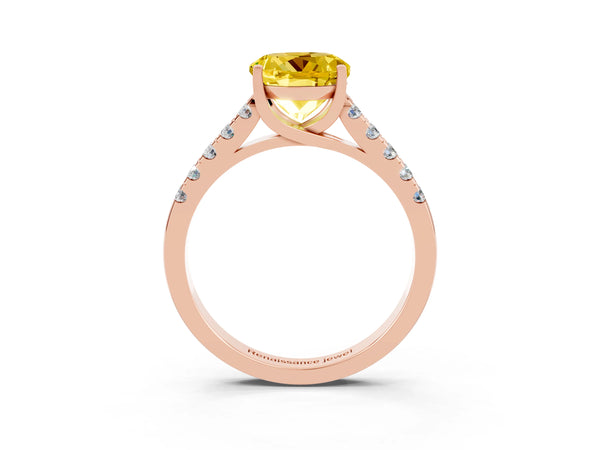 Rose gold Round Cut Yellow Sapphire Pavé Band Solitaire Ring with Prong Setting